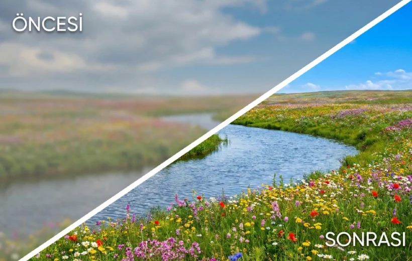 Katarakt tedavisi öncesi bulanık görme ve akıllı lens sonrası net görme arasındaki farkı gösteren karşılaştırmalı manzara görseli.